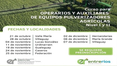 Se dictará un curso para Operarios y Auxiliares de Equipos Pulverizadores Agrícolas