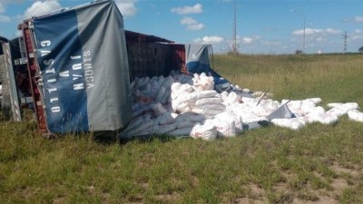 Camión con azúcar volcó en una ruta y quisieron saquearlo